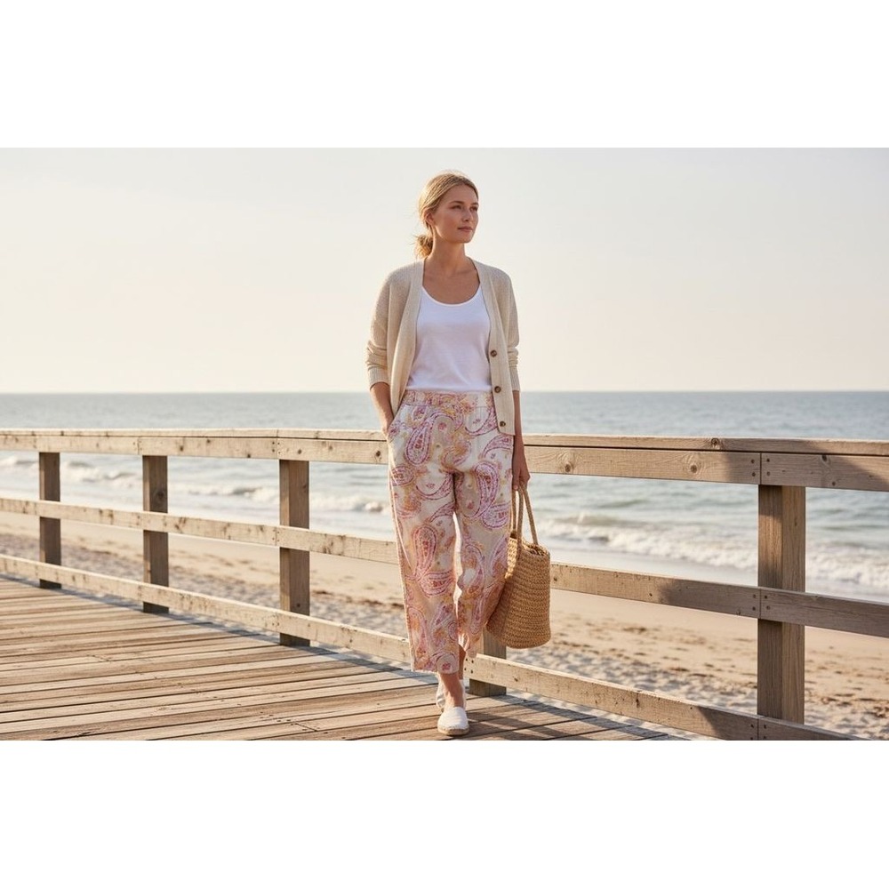 Charter Club Women Pink Paisley Pull-On Linen Pants 6 coastal grandma old money